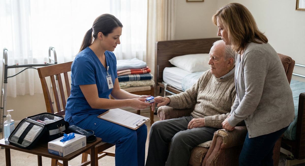 Pielęgniarka w niebieskim uniformie wykonuje pomiar saturacji pulsoksymetrem u starszego mężczyzny siedzącego w fotelu, a obok stoi opiekunka; w tle łóżko i sprzęt do opieki domowej.