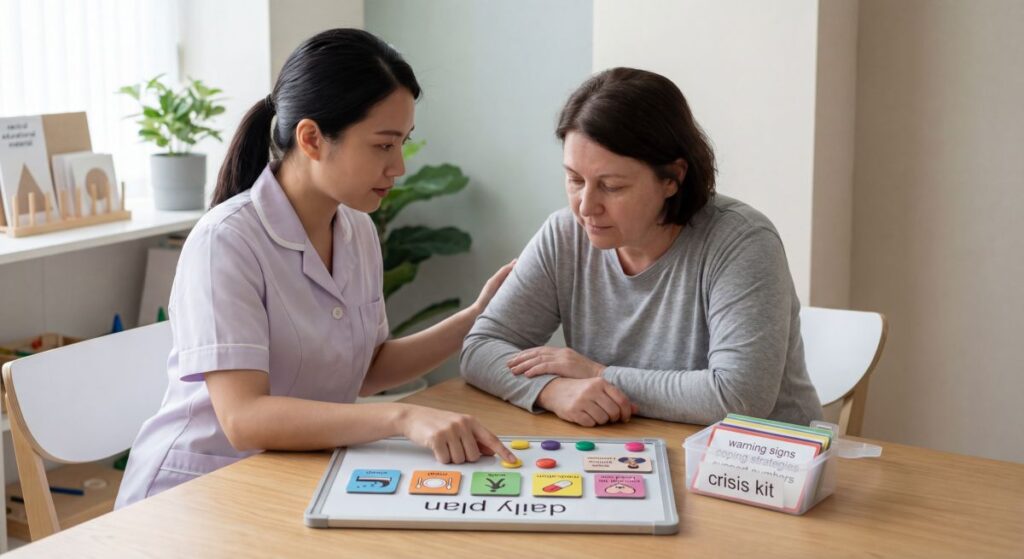 Pielęgniarka psychiatryczna tłumaczy pacjentce plan dnia i objawy kryzysu, używając tablicy z kolorowymi kartami i pudełka „crisis kit", co pokazuje jej rolę pierwszej linii pomocy w opiece psychiatrycznej.