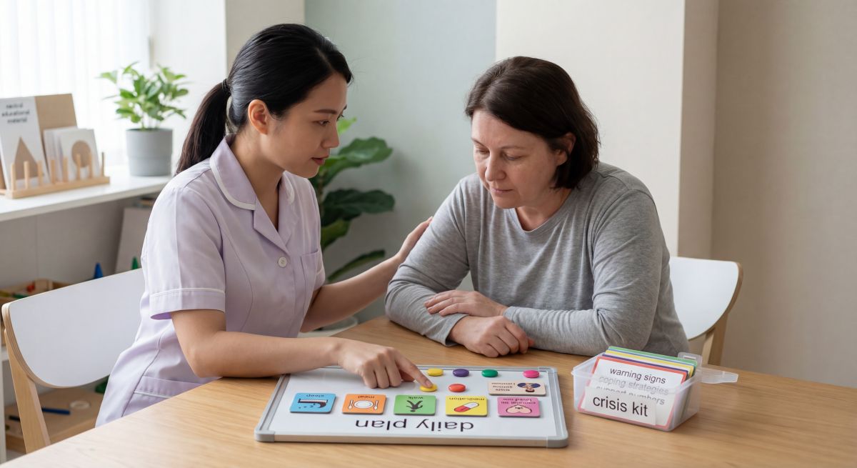 Pielęgniarka psychiatryczna tłumaczy pacjentce plan dnia i objawy kryzysu, używając tablicy z kolorowymi kartami i pudełka „crisis kit", co pokazuje jej rolę pierwszej linii pomocy w opiece psychiatrycznej.