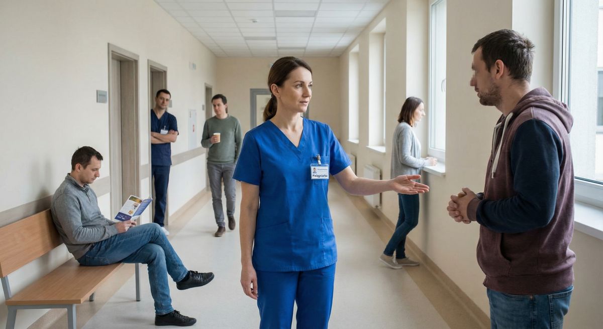 Pielęgniarka w niebieskim uniformie rozmawia z mężczyzną na szpitalnym korytarzu; w tle inni pacjenci czekają na ławce i przy oknie.