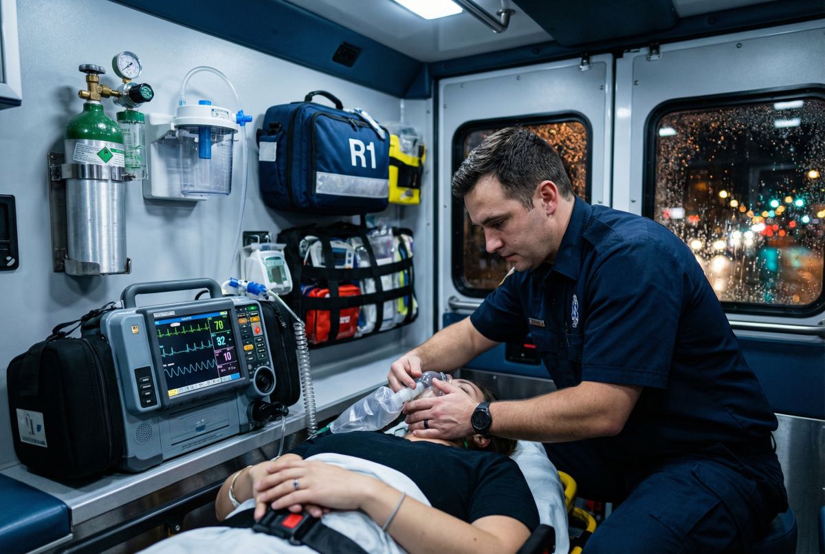 Ratownik medyczny w karetce prowadzi wentylację workiem samorozprężalnym u nieprzytomnej pacjentki podłączonej do monitora, co pokazuje realną pracę pielęgniarstwa ratunkowego przy pacjencie.