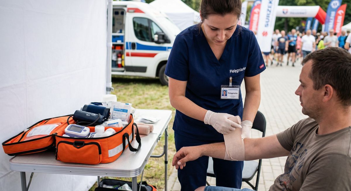 Pielęgniarka w granatowym uniformie zakłada opatrunek na przedramię mężczyzny przy stanowisku medycznym; na stole torba ratunkowa i sprzęt, w tle karetka i uczestnicy wydarzenia.