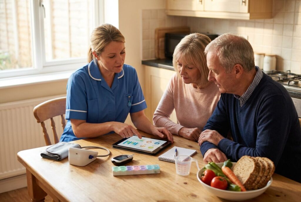 Pielęgniarka rodzinna w niebieskim mundurze omawia na tablecie wyniki zdrowotne z seniorskim małżeństwem przy kuchennym stole, obok leżą ciśnieniomierz, leki i zdrowa żywność, co pokazuje opiekę pielęgniarską najbliżej domu.