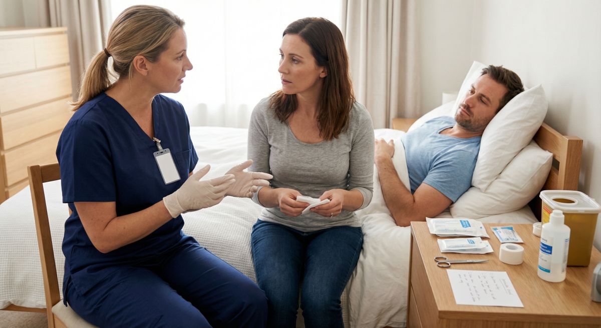 Pielęgniarka rozmawia z kobietą siedzącą przy łóżku chorego mężczyzny; na stoliku leżą materiały opatrunkowe i środki do pielęgnacji w warunkach domowych.