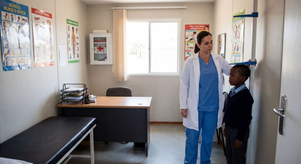 Pielęgniarka szkolna mierzy wzrost ucznia przy miarce ściennej w gabinecie; w tle biurko, leżanka i plakaty edukacyjne.
