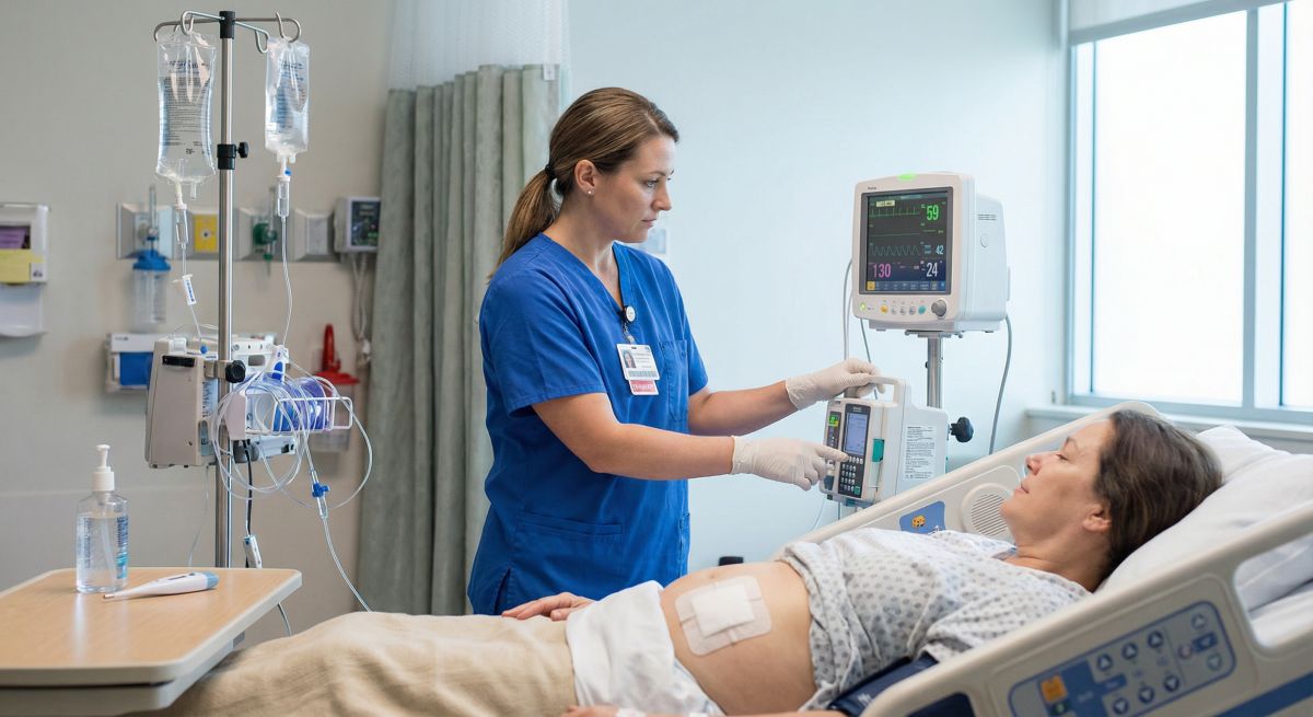 Pielęgniarka w niebieskim uniformie obsługuje pompę infuzyjną i monitor przy łóżku pacjentki na oddziale; widoczne kroplówki i aparatura do kontroli parametrów życiowych.