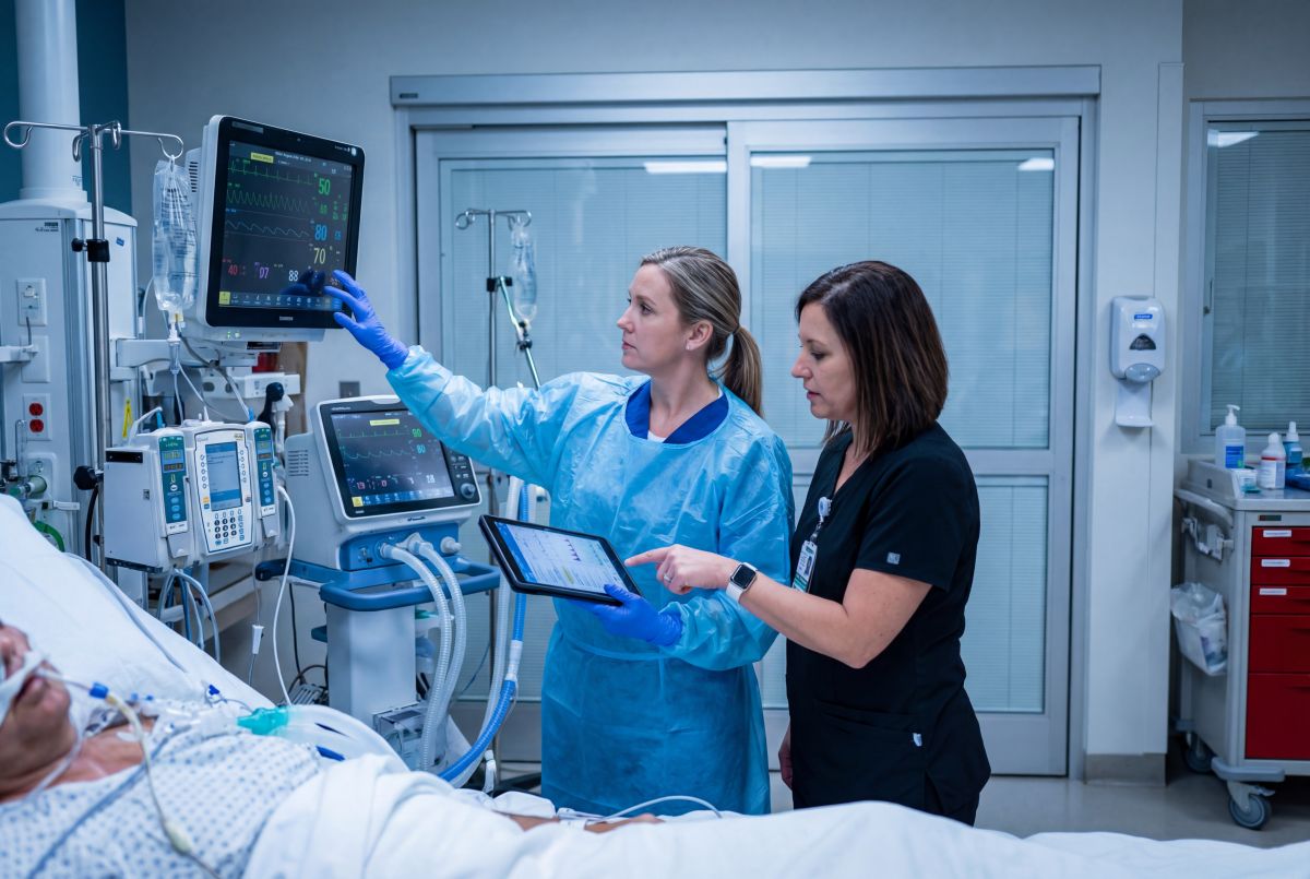 Dwie pielęgniarki transplantacyjne przy łóżku pacjenta po przeszczepie na OIOM-ie analizują parametry na monitorze i tablecie, kontrolując respirator oraz pompy infuzyjne.