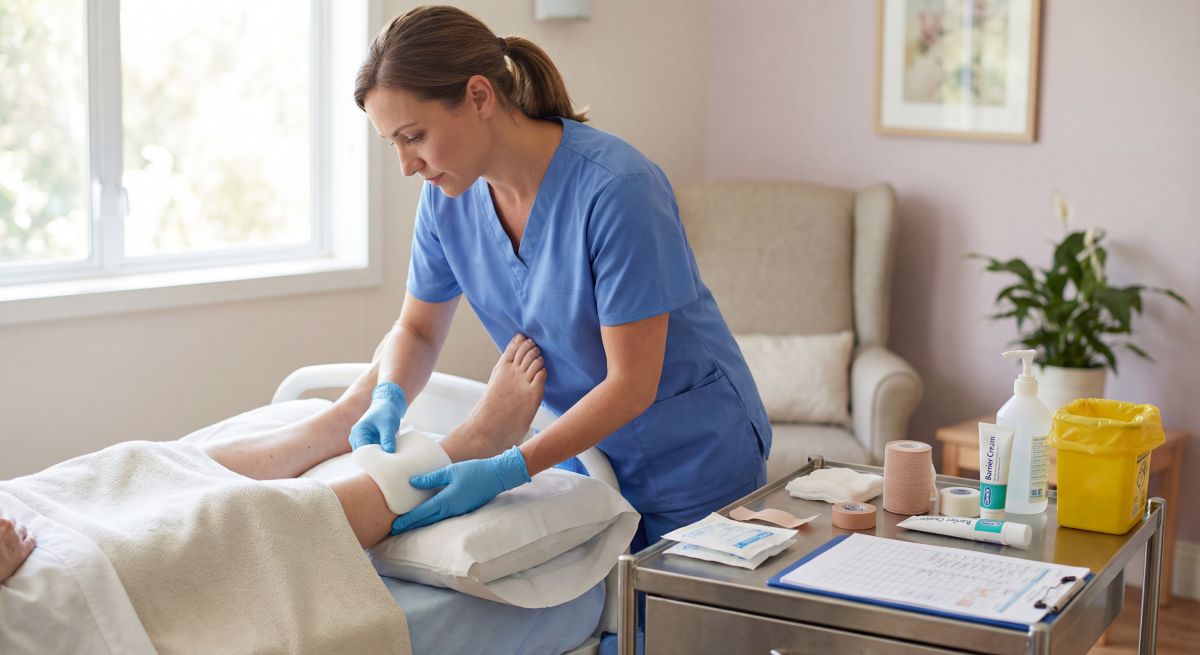 Pielęgniarka opatruje nogę pacjenta w ramach opieki paliatywnej