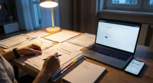 Osoba wypełnia dokumenty i certyfikaty przy biurku obok laptopa z formularzem online, notatnika i telefonu—symbol zdobywania punktów edukacyjnych dla pielęgniarek.