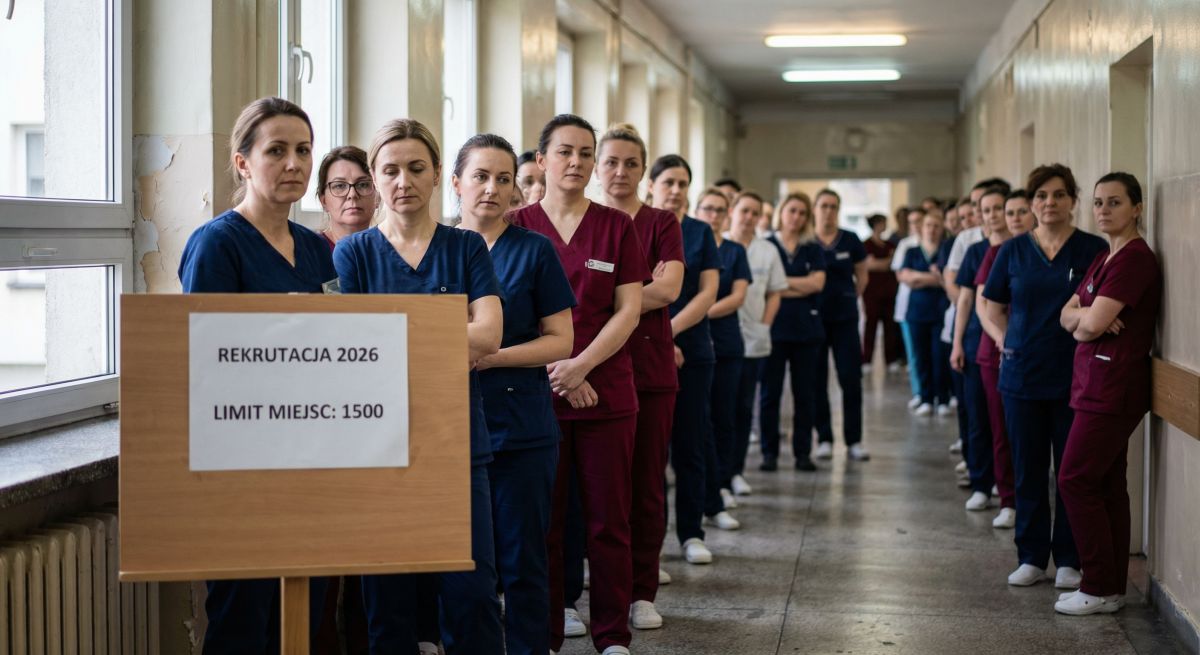 Grupa pielęgniarek stoi w szpitalnym korytarzu obok tablicy z napisem „Rekrutacja 2026, limit miejsc: 1500”, co sugeruje zmiany w naborze i szkoleniach.