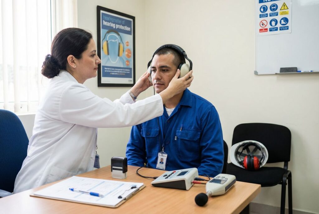 Lekarka medycyny pracy zakłada słuchawki ochronne pracownikowi w niebieskim kombinezonie podczas badania słuchu w gabinecie, na biurku leżą dokumenty i aparatura do testów, co ilustruje specjalizację w ochronie zdrowia pracujących.