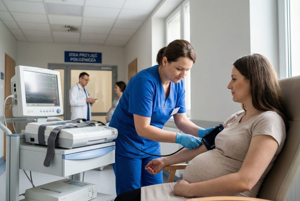 Pielęgniarka w niebieskim uniformie mierzy ciśnienie ciężarnej kobiecie na fotelu w izbie przyjęć położniczej, obok stoi aparat KTG i inne monitory, co ilustruje specjalizację w pielęgniarstwie ginekologiczno-położniczym i poprawę jakości opieki nad kobietą.