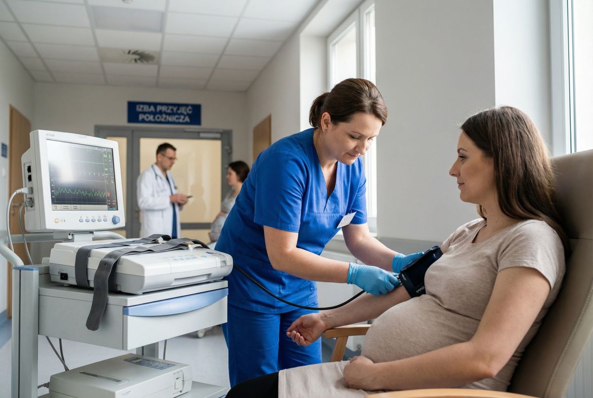 Pielęgniarka w niebieskim uniformie mierzy ciśnienie ciężarnej kobiecie na fotelu w izbie przyjęć położniczej, obok stoi aparat KTG i inne monitory, co ilustruje specjalizację w pielęgniarstwie ginekologiczno-położniczym i poprawę jakości opieki nad kobietą.