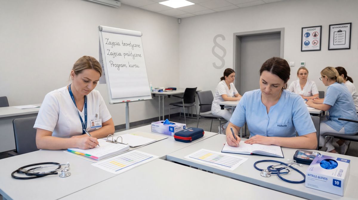 Pielęgniarki i położne uczestniczą w szkoleniu stacjonarnym w sali dydaktycznej, robiąc notatki; na flipcharcie widnieje plan zajęć teoretycznych i praktycznych, na stołach leżą stetoskopy i materiały szkoleniowe.