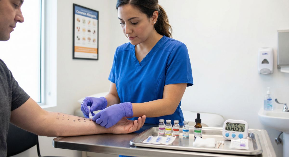 Pielęgniarka wykonuje testy skórne