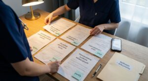 Dwie osoby w strojach medycznych układają na stole dokumenty wymagane do specjalizacji (dyplom, PWZ, staż, kursy, punkty edukacyjne) obok telefonu, długopisu i teczki „Aplikacja dokumenty”.