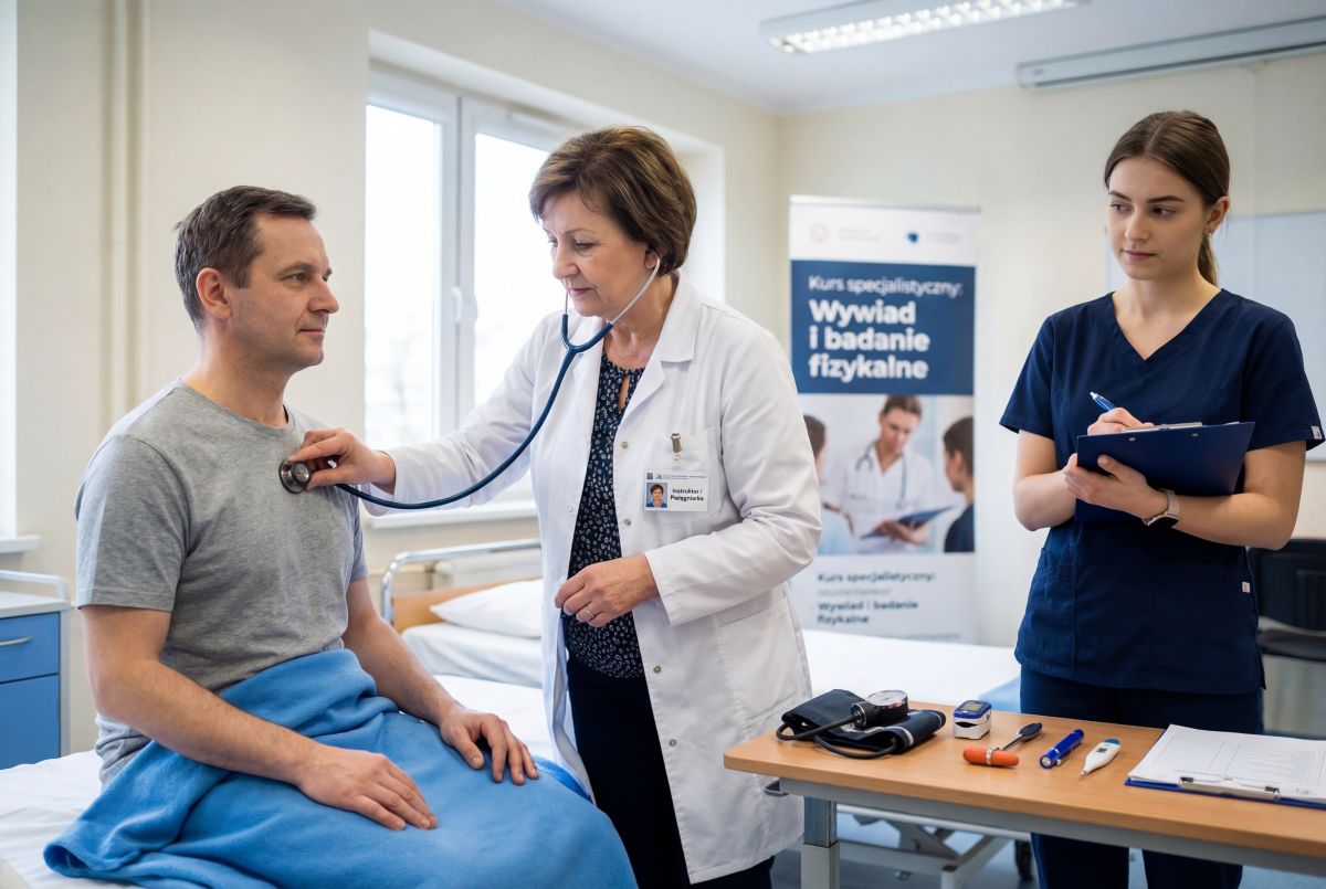 Lekarka osłuchuje pacjenta przez ubranie, a pielęgniarka na kursie zapisuje wnioski by porównać je z osłuchiwaniem bez ubrań