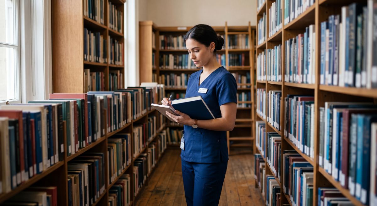 Pielęgniarka przegląda książki w bibliotece medycznej, ilustrując literaturę z zakresu pielęgniarstwa chirurgicznego według obszarów tematycznych