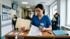 Pielęgniarka w niebieskim uniformie przegląda dokumenty przy biurku w rejestracji, a w tle widać kolejkę pacjentów i tablicę z numerkami.