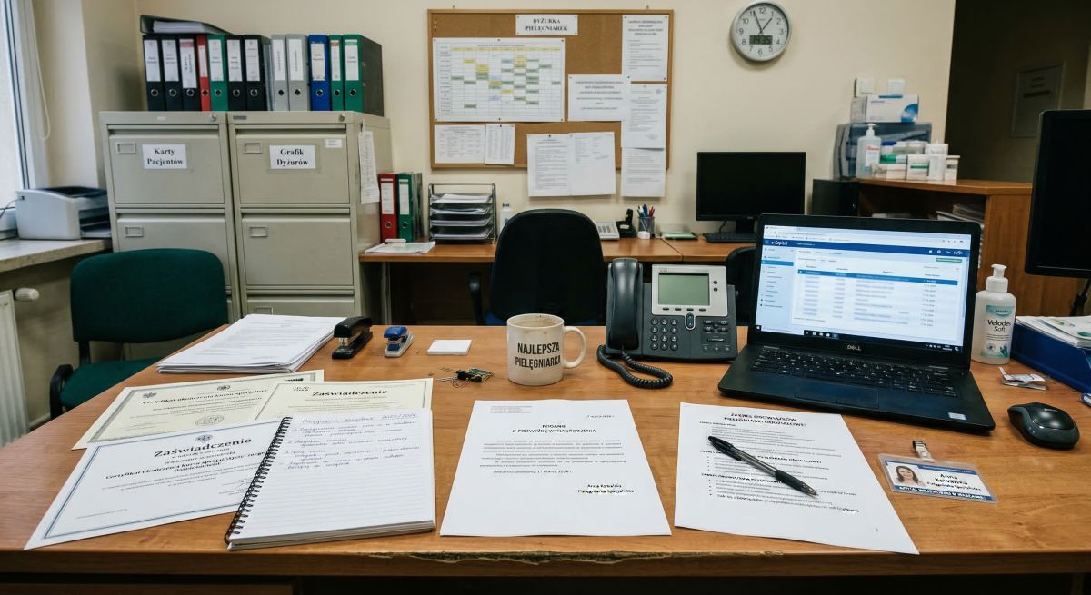 Biurko pielęgniarki z dokumentami i pismem o podwyżkę, ilustrujące przygotowanie podania o wzrost wynagrodzenia i negocjowanie własnej wartości zawodowej.