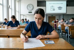 Studentka pielęgniarstwa w mundurku pisze test kwalifikacyjny w sali egzaminacyjnej; w tle inni zdający i slajd „Test kwalifikacyjny”.