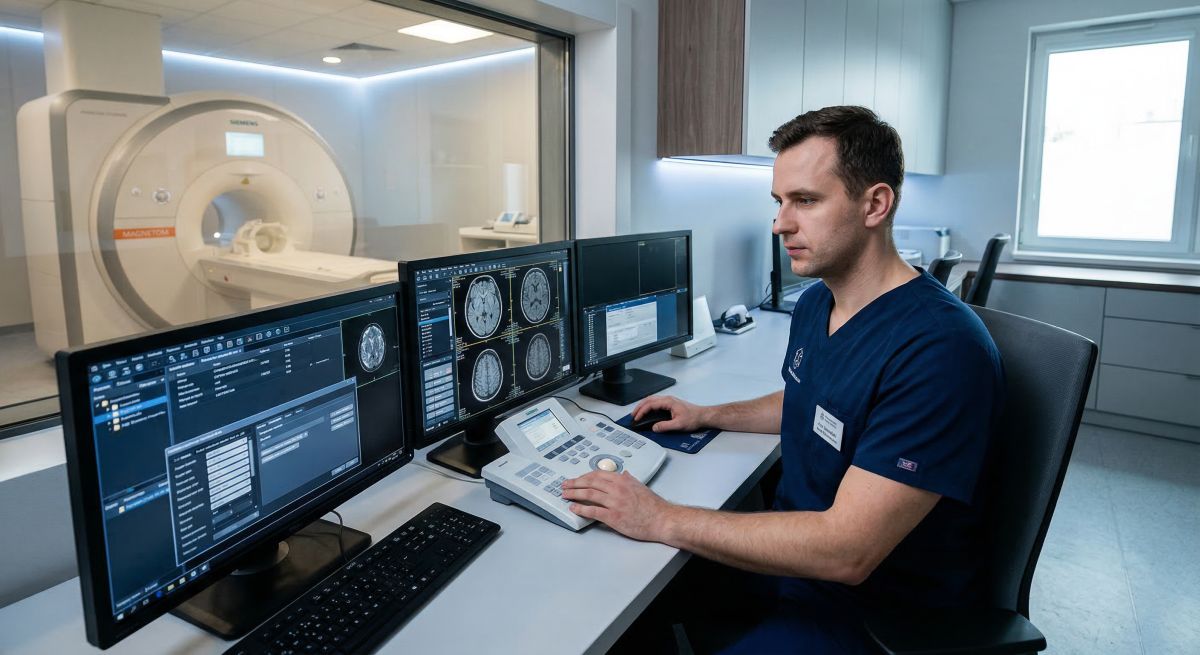 Technik medyczny obsługuje nowoczesny rezonans magnetyczny i analizuje obrazy diagnostyczne, pokazując stabilną ścieżkę kariery w sektorze medycznym.