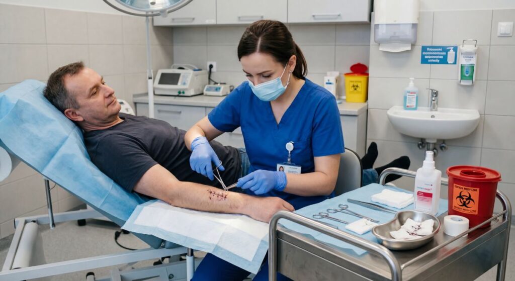 Pielęgniarka profesjonalnie usuwa szwy z przedramienia pacjenta w gabinecie zabiegowym, dbając o bezpieczną procedurę i prawidłową opiekę nad raną.