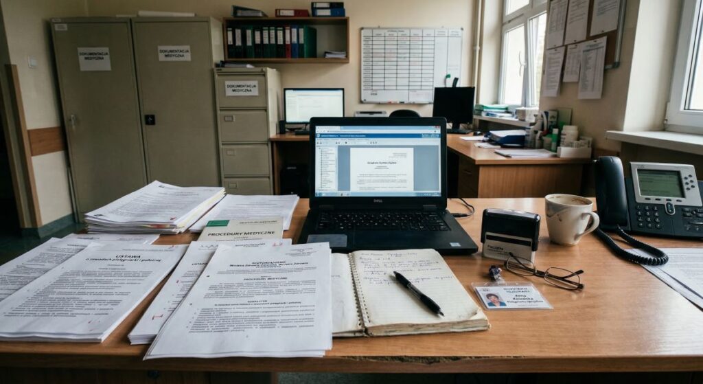 Dokumentacja medyczna i akty prawne na biurku w placówce ochrony zdrowia, ilustrujące regulacje dotyczące zawodów pielęgniarki i położnej.