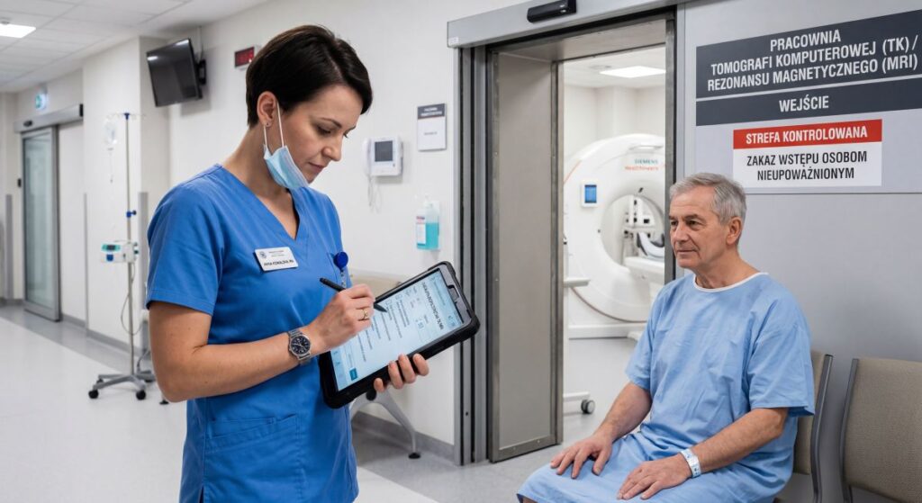 Pielęgniarka weryfikuje bezpieczeństwo pacjenta przed badaniem tomografii lub rezonansu, wypełniając dokumentację przy pracowni diagnostycznej