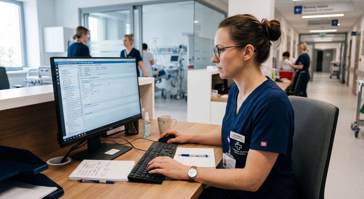 Pielęgniarka pracuje przy komputerze z elektroniczną dokumentacją medyczną, korzystając z systemu e-recepty w placówce ochrony zdrowia