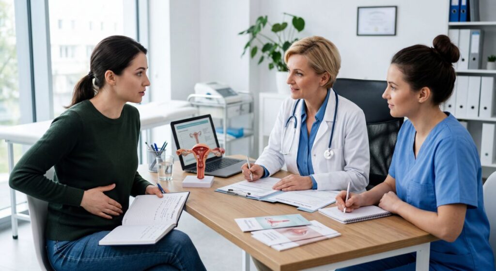 Lekarka i pielęgniarka rozmawiają z pacjentką o objawach endometriozy, diagnostyce i dalszym wsparciu medycznym