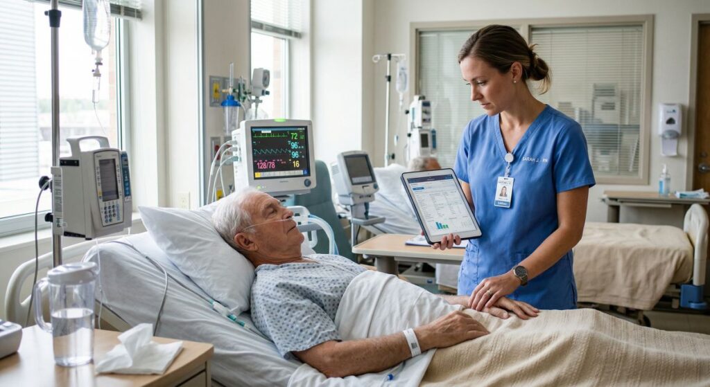 Pielęgniarka omawia wyniki badań przy łóżku pacjenta w szpitalu, monitorując jego stan i parametry życiowe