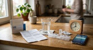 Opakowanie leku, ulotka, organizer na tabletki i zegar symbolizujące regularne dawkowanie i czas działania leku