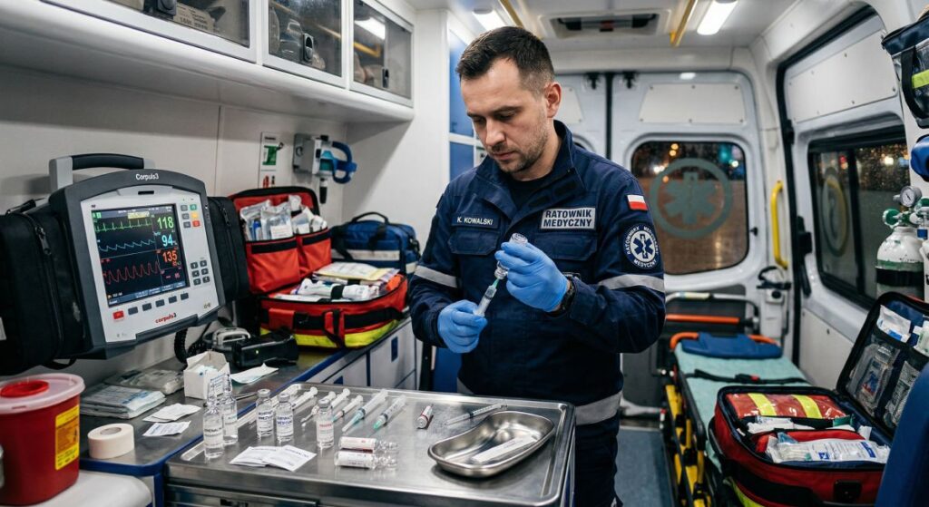 Ratownik medyczny przygotowuje leki i strzykawkę w karetce podczas interwencji medycznej