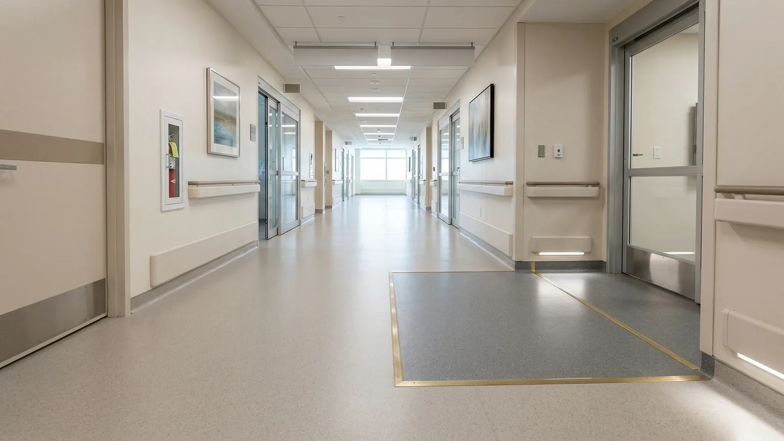 Profesjonalna strefa wejściowa z zabezpieczeniem podłogowym w nowoczesnej placówce medycznej.