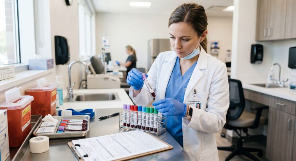Pielęgniarka przygotowuje i sprawdza próbki krwi w gabinecie, dbając o jakość materiału do badań laboratoryjnych