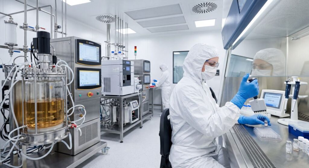 Specjalista pracuje przy aparaturze do produkcji leków biologicznych w sterylnym laboratorium biotechnologicznym