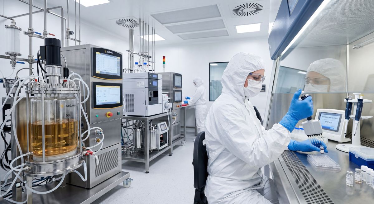 Specjalista pracuje przy aparaturze do produkcji leków biologicznych w sterylnym laboratorium biotechnologicznym