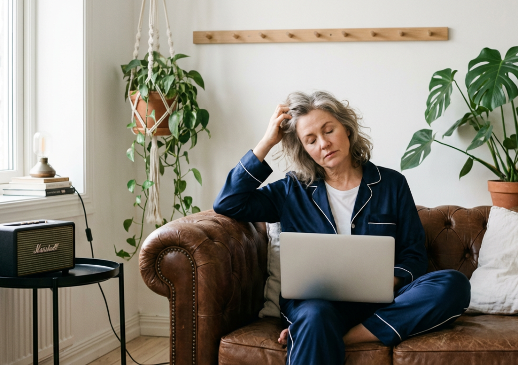 Zmęczona kobieta po 50 roku życia pracuje na laptopie w domu
