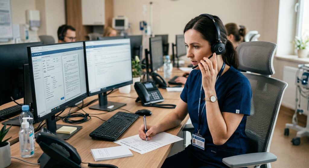 Pielęgniarka prowadzi telemedyczną konsultację przy komputerze, podejmując decyzję kliniczną bez fizycznej obecności pacjenta