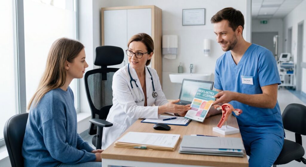 Lekarka i pielęgniarz rozmawiają z pacjentką o wirusie HPV, profilaktyce, szczepieniach i opiece zdrowotnej