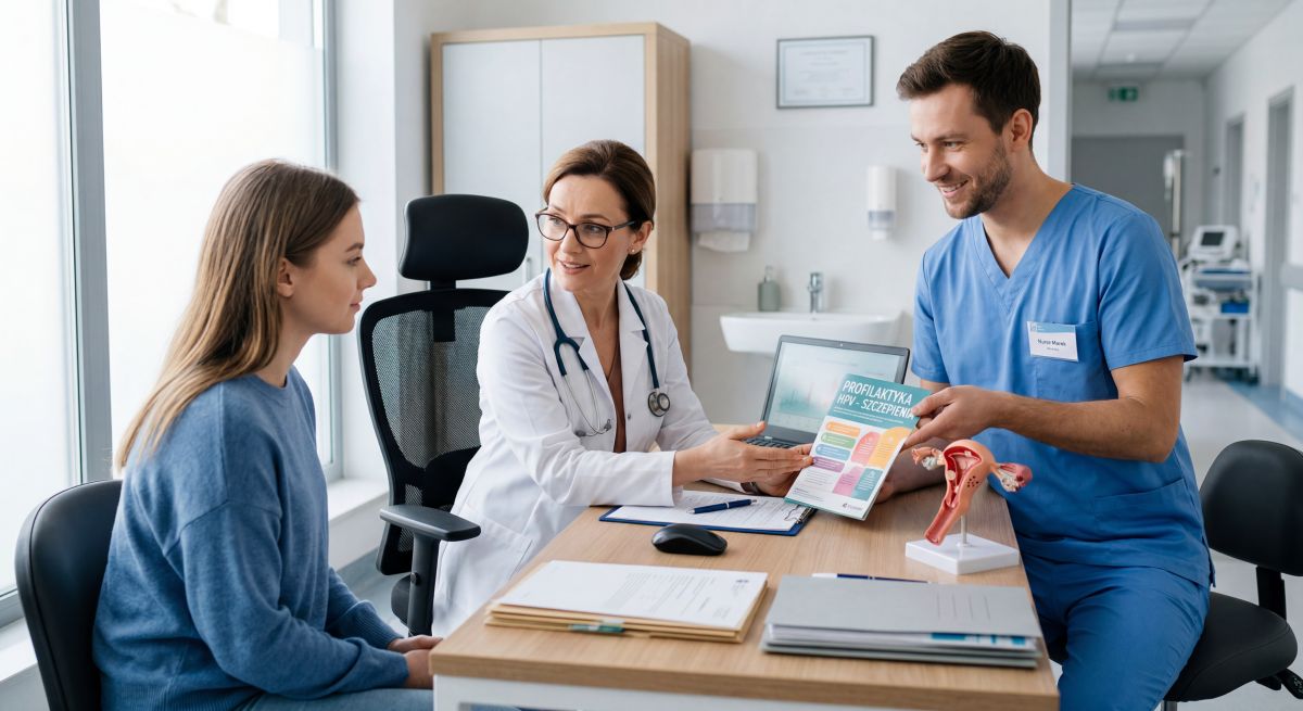 Lekarka i pielęgniarz rozmawiają z pacjentką o wirusie HPV, profilaktyce, szczepieniach i opiece zdrowotnej
