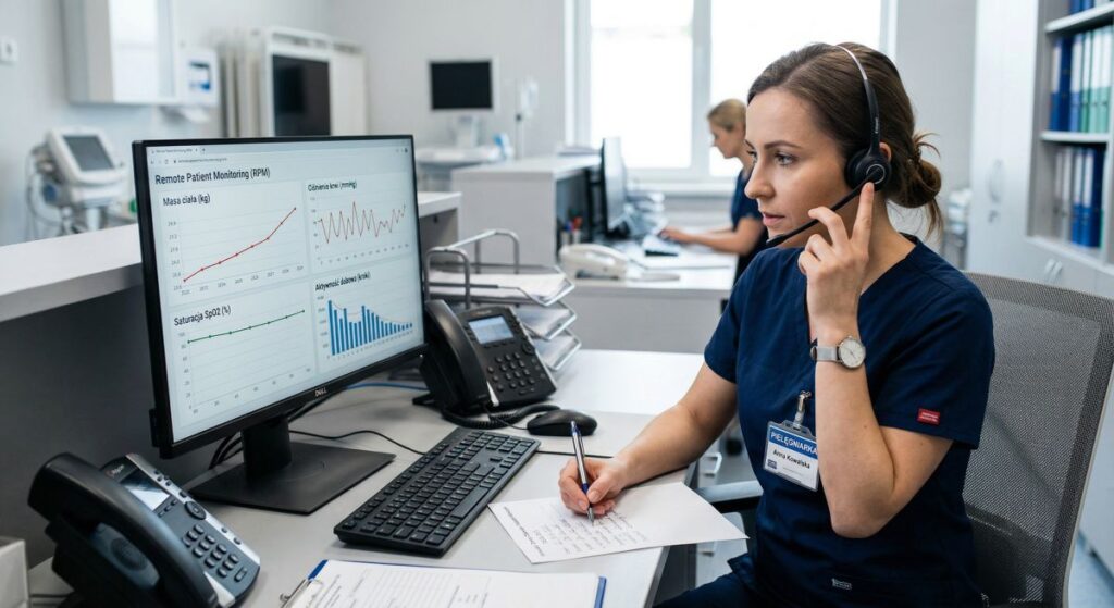 Pielęgniarka analizuje na komputerze trendy zdalnego monitorowania pacjenta podczas telefonicznej konsultacji medycznej