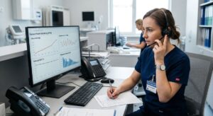 Pielęgniarka analizuje na komputerze trendy zdalnego monitorowania pacjenta podczas telefonicznej konsultacji medycznej