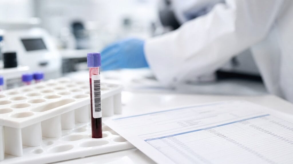 Probówka z krwią z etykietą badania D-dimerów obok wydruku wyniku laboratoryjnego.
