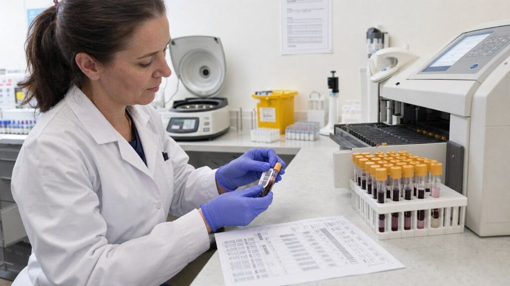 Diagnostka laboratoryjna opisuje probówki z krwią przy analizatorze biochemicznym w pracowni.