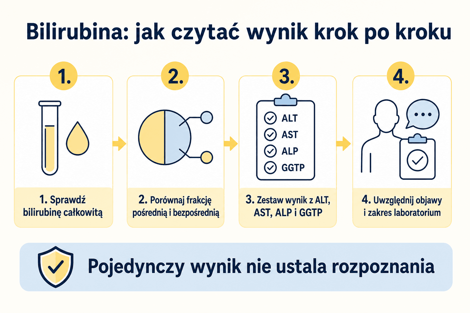 Infografika pokazująca cztery kroki interpretacji wyniku bilirubiny razem z frakcjami, innymi badaniami i objawami.