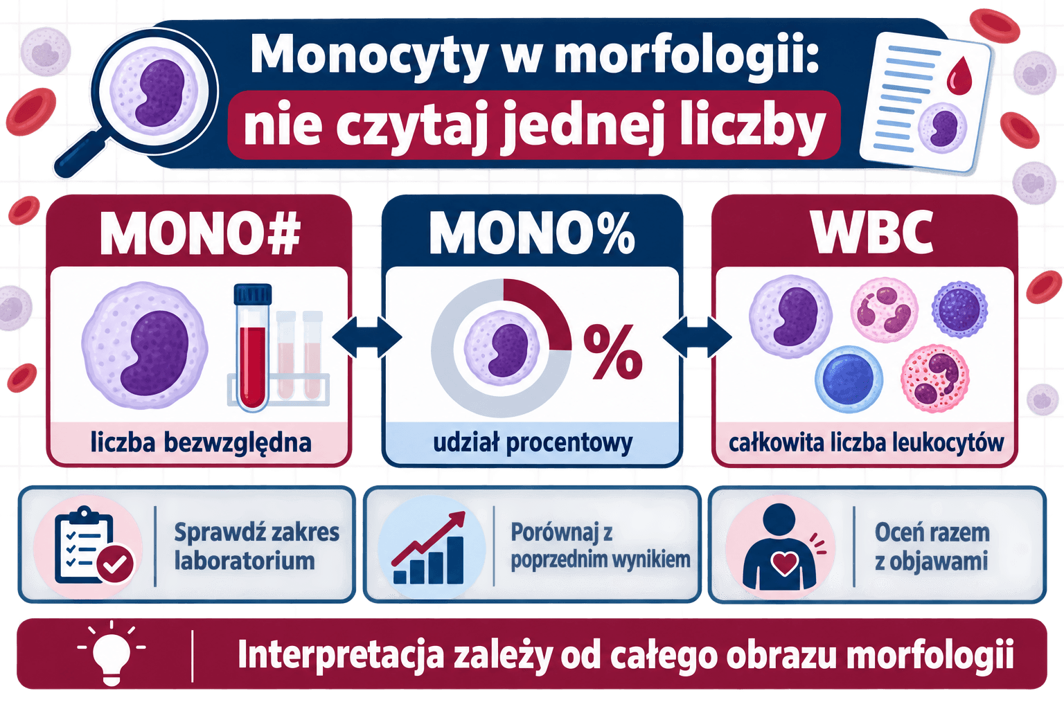 Infografika wyjaśniająca, dlaczego MONO#, MONO% i WBC należy interpretować łącznie.
