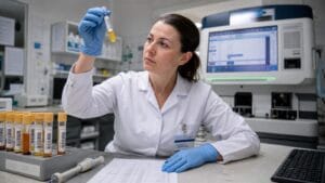 Diagnosta laboratoryjny ocenia probówkę z surowicą przy stanowisku analizatora biochemicznego.