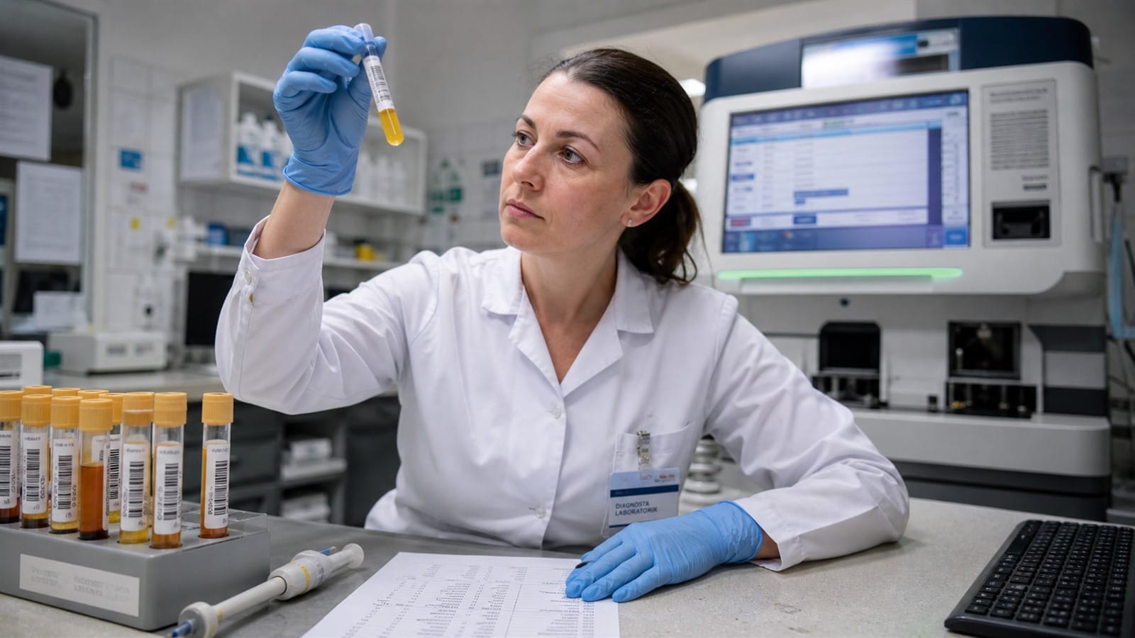 Diagnosta laboratoryjny ocenia probówkę z surowicą przy stanowisku analizatora biochemicznego.